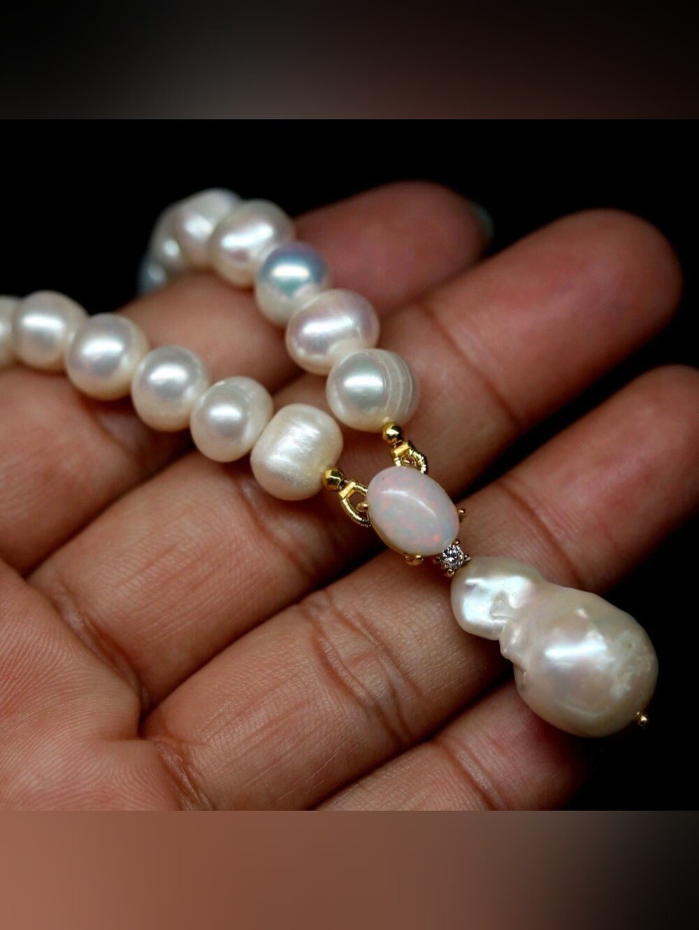 Elegant Genuine Pearls & Opal Necklace with Baroque Drop Pendant - S925 Stamped!